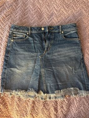LOFT Washed Blue Denim Mini Skirt with Frayed Hem